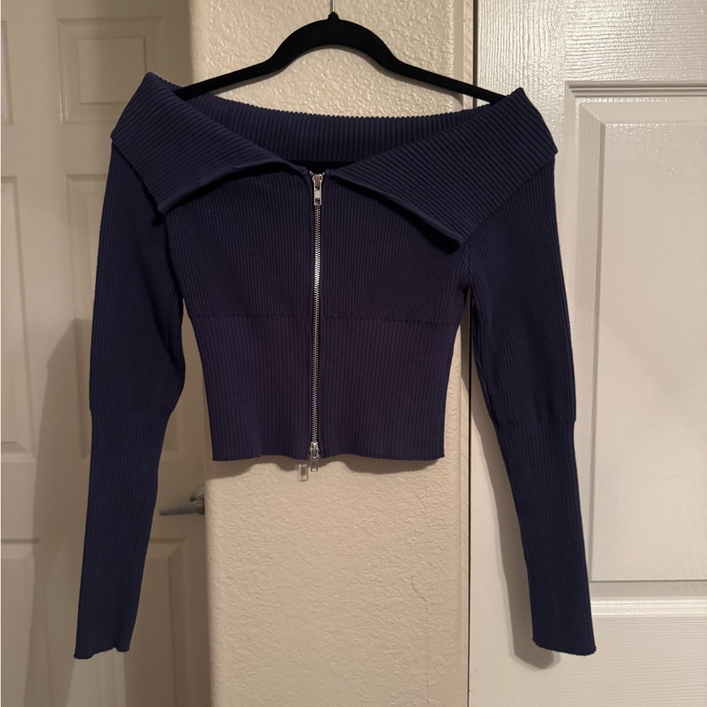 Off-Shoulder Ribbed Zip-Up Sweater